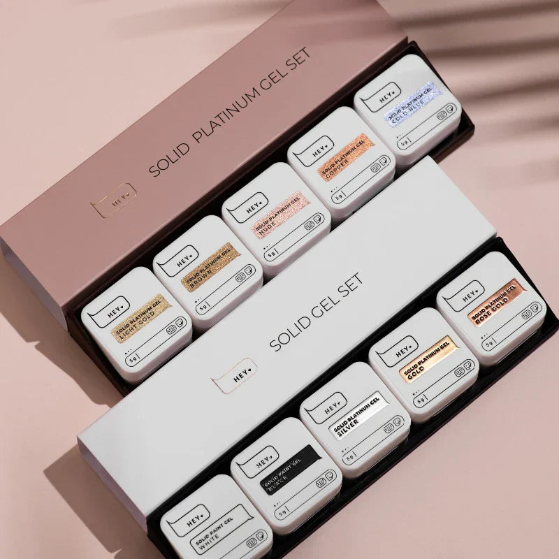 Dekorativní gely HEYLOVE na nail art – Solid Platinum, Gypsum a 3D gely