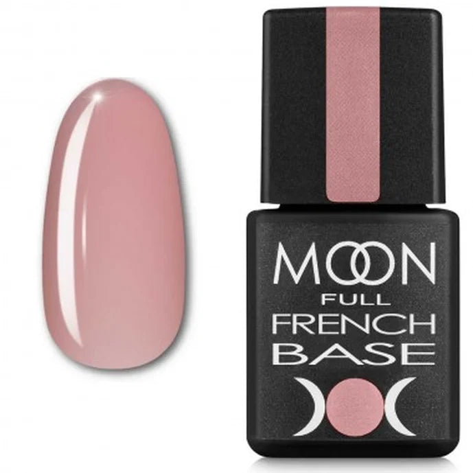 Nail polish bottle with pink nail sample and 'MOON' branding on a white background