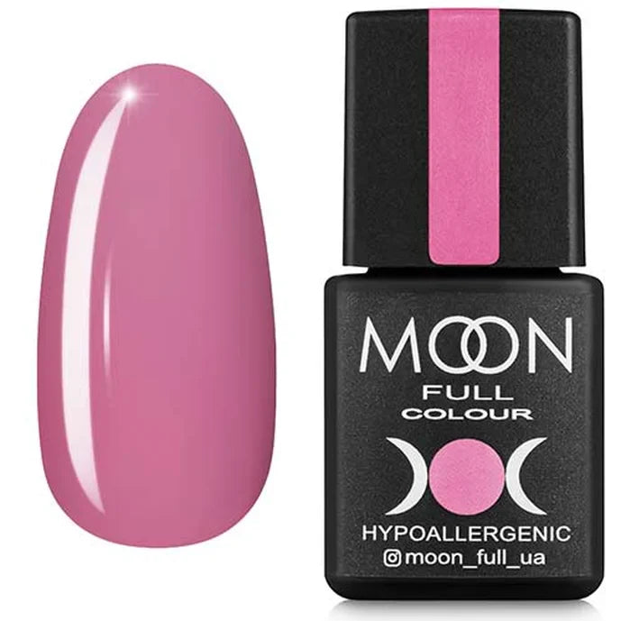 Pink nail polish with black bottle labeled 'MOON Full Colour' on a white background