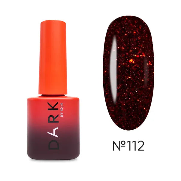 Red nail polish bottle with a dark red glittery nail sample on a white background. Brand DARK