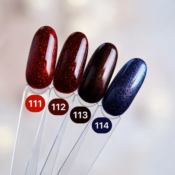 DARK nail polish swatches in red, brown, black, and blue on a blurred background