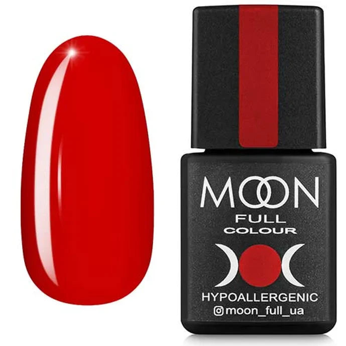 Red nail polish with black bottle labeled 'MOON Full Colour' on a white background