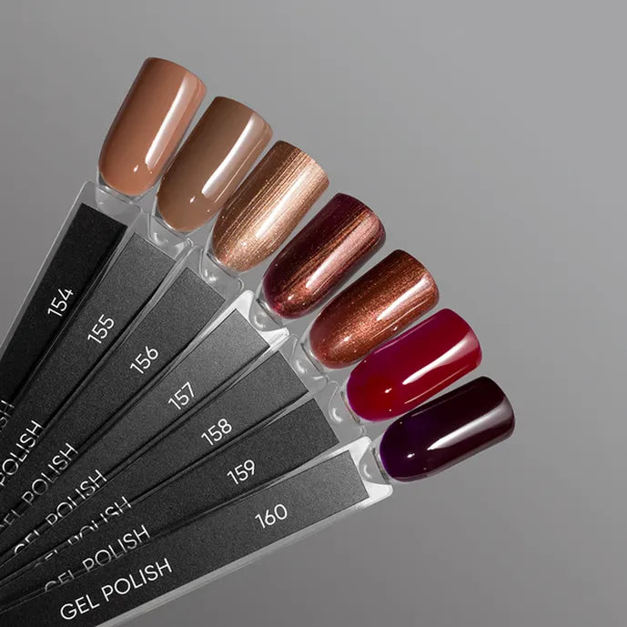 Set of DARK gel nail polish strips with various colors on a gray background