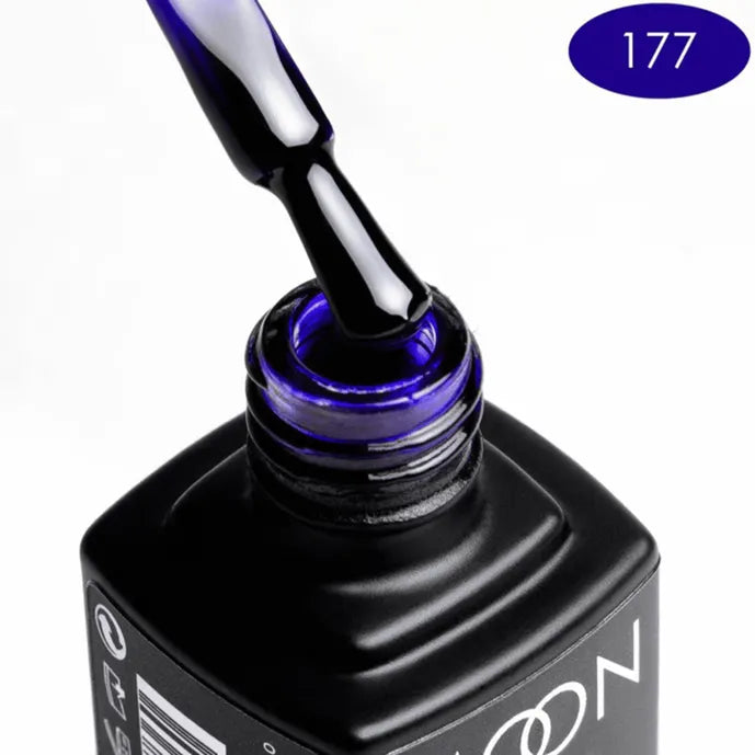 Black nail polish bottle with blue liquid and a brush, labeled '177'.