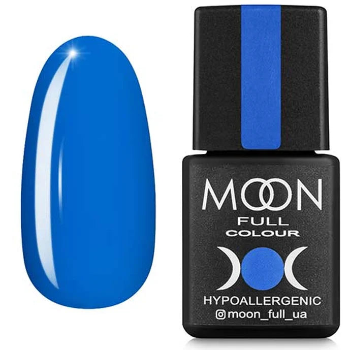 Blue nail polish bottle with a matching nail color on a white background