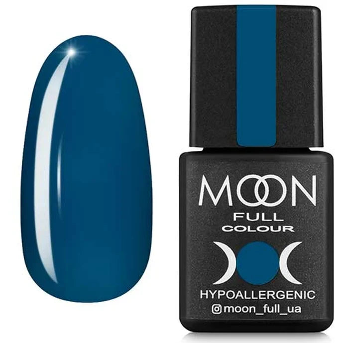 Blue nail polish bottle with a matching nail swatch on a white background