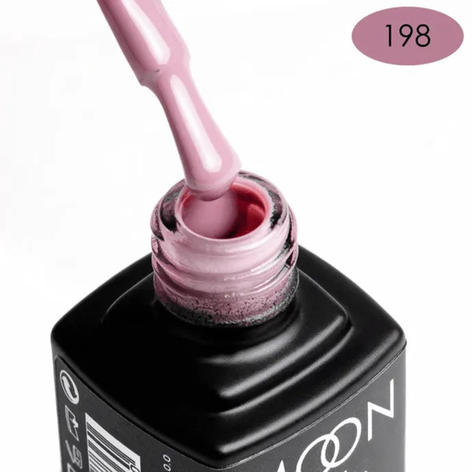 Pink nail polish being applied with a brush, showing the color code 198 on a white background.