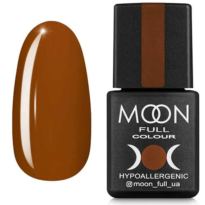 Brown nail polish with black bottle labeled 'MOON Full Colour' on a white background
