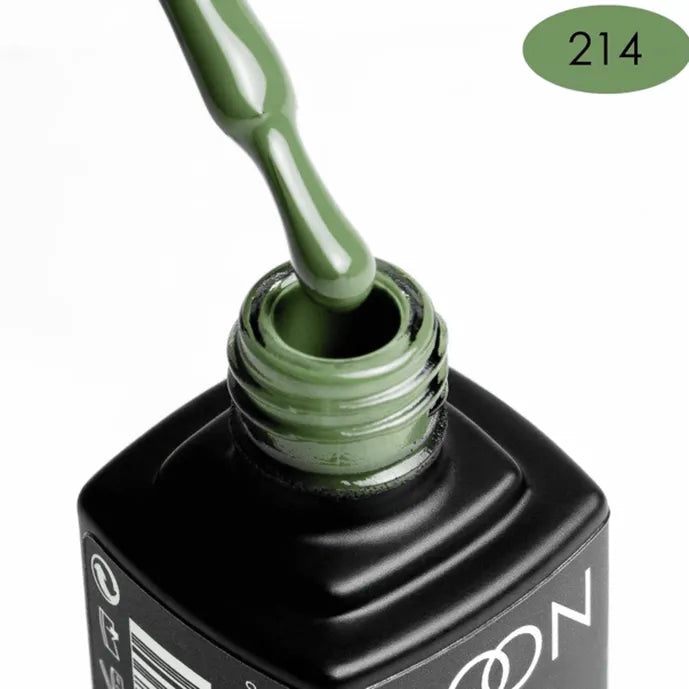 Green nail polish being applied with a brush, showing color code 214.