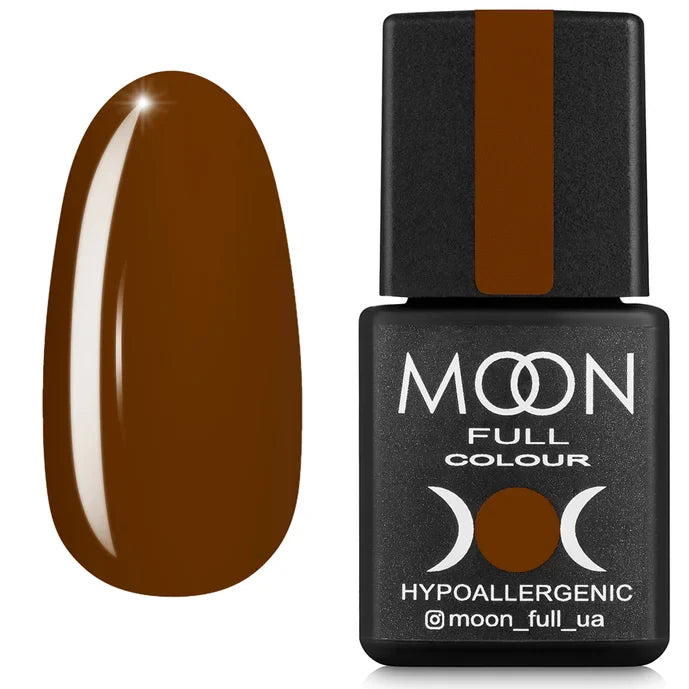 Brown nail polish bottle with a matching nail swatch on a white background