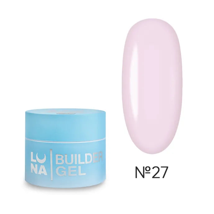 Luna Premium Builder Gel 27 container with a pink gel swatch on a white background
