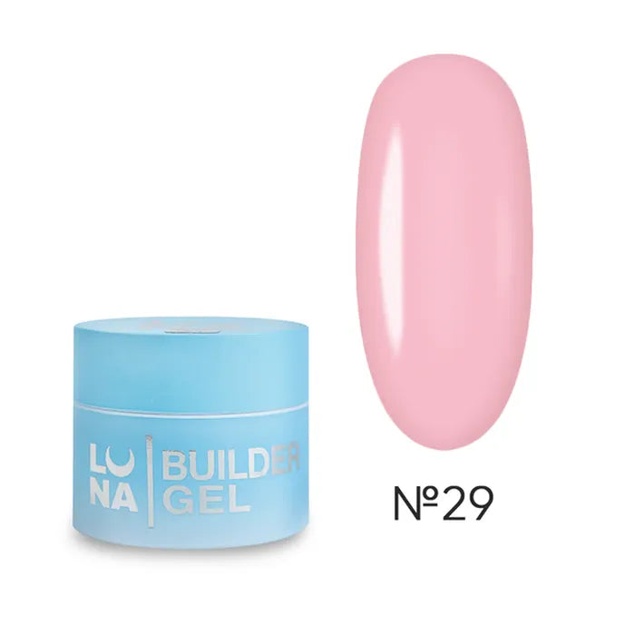 Luna Builder Gel container with pink nail polish sample on a white background