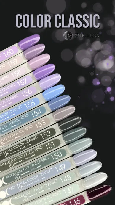Set of nail color swatches labeled 'Color Classic' with a blurred background.