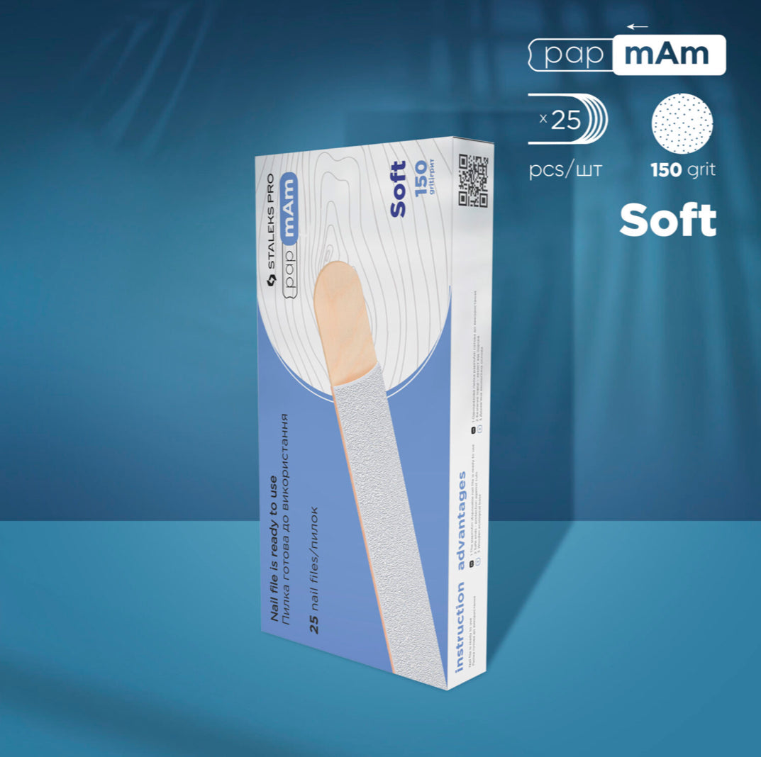 Jednorázové bílé pilníky papmAm na měkké pěnové vrstvě a na dřevěném podkladu Staleks EXPERT 20 150 grit (25 ks)