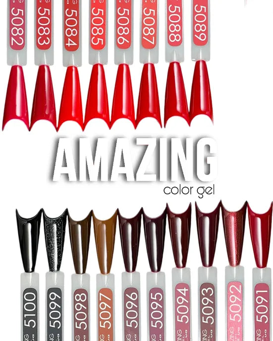 Collection of red and brown nail polish bottles with 'Amazing Color Gel' text on a white background. Brand MOON