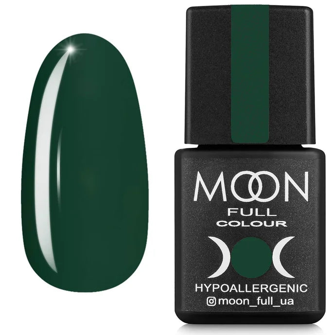 Green nail polish bottle with a matching nail swatch on a white background