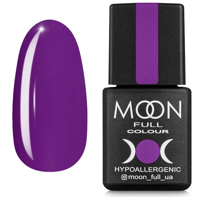 Purple nail polish bottle with a matching nail swatch on a white background