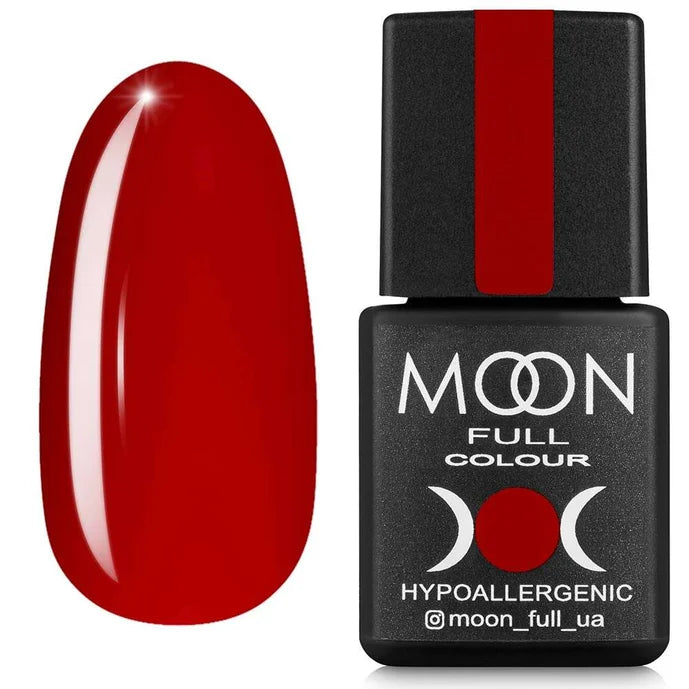 Black nail polish bottle with red stripe and red nail next to it, featuring the Moon Full Colour brand.