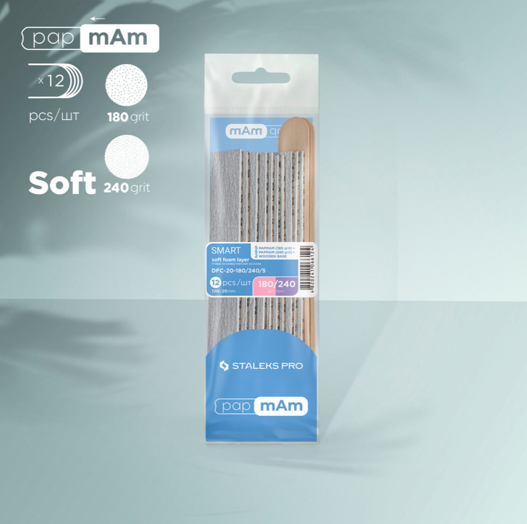 Jednorázové pilníky papmAm na měkké pěnové vrstvě 180 grit (5 ks), 240 grit (5 ks) a dřevěný podklad (2 ks) SMART 20