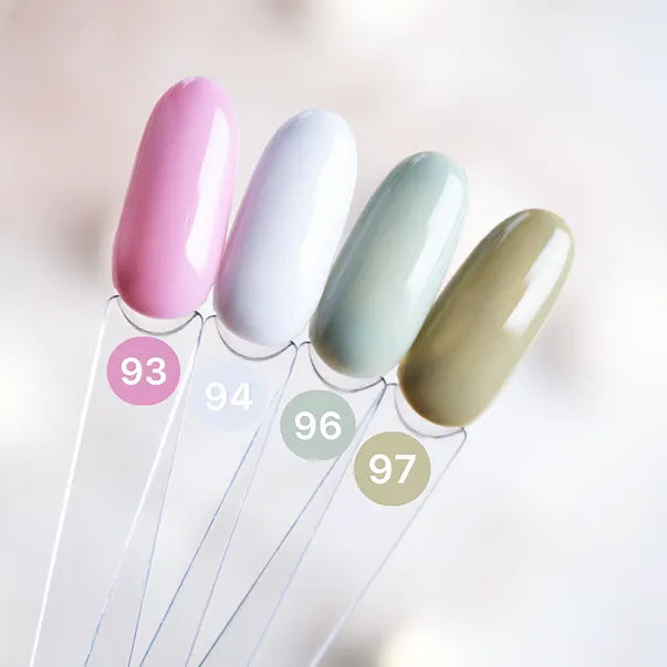 Four  DARK nail polish samples with color swatches labeled 93, 94, 96, and 97 on a light background.