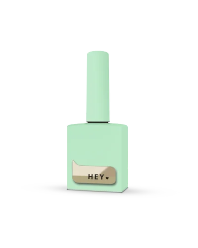 Mint green nail polish bottle with 'HEY' label on a white background