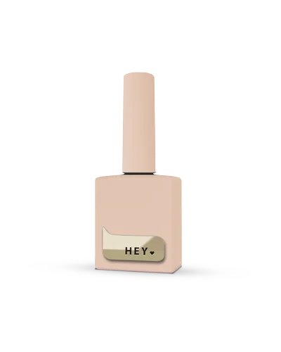 Beige nail polish bottle with 'HEY' label on a white background