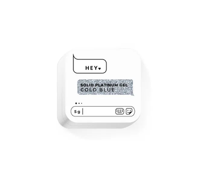 Small container of solid platinum gel labeled 'HEYLOVE' on a white background. Color: Cold Blue