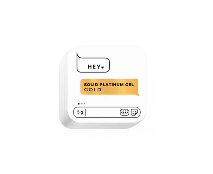 Small white container HEYLOVE labeled 'Solid Platinum Gel Gold' with text on a white background