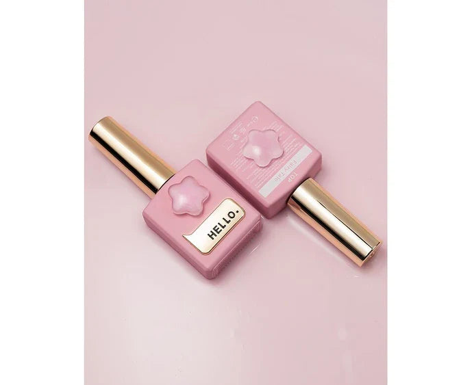 Two pink nail polishes with gold accents on a pink background