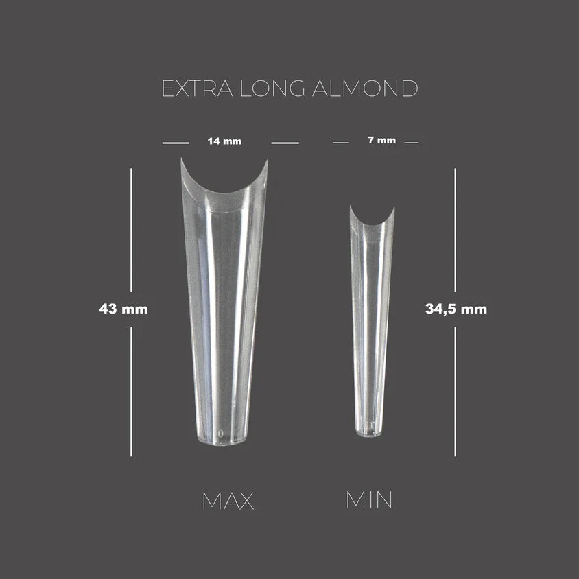 TOUCH Soft Gel Tips Extra Long Almond – size chart, max 43 mm and min 34.5 mm