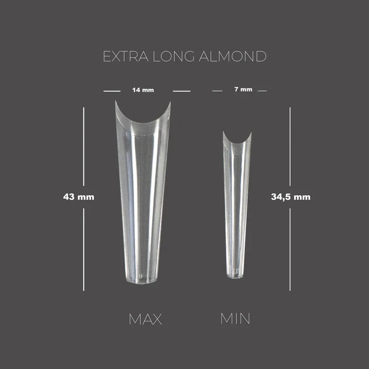 TOUCH Soft Gel Tips Extra Long Almond – size chart, max 43 mm and min 34.5 mm