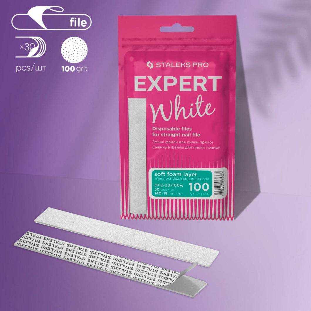 Bílé jednorázové pilníky (měkká základna) Staleks Pro Expert 20, 100 grit (30 ks) DFE-20-100w