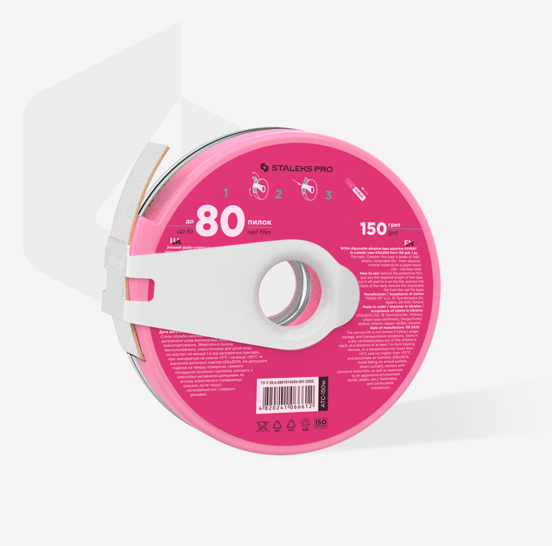 Bílá jednorázová brusná páska papmAm EXPERT v plastovém pouzdře Staleks Pro 180 grit ATC-180w