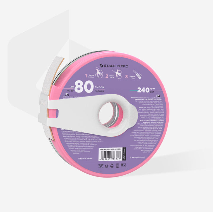 Bílá jednorázová brusná páska papmAm EXPERT v plastovém pouzdře Staleks Pro 240 grit ATC-240w