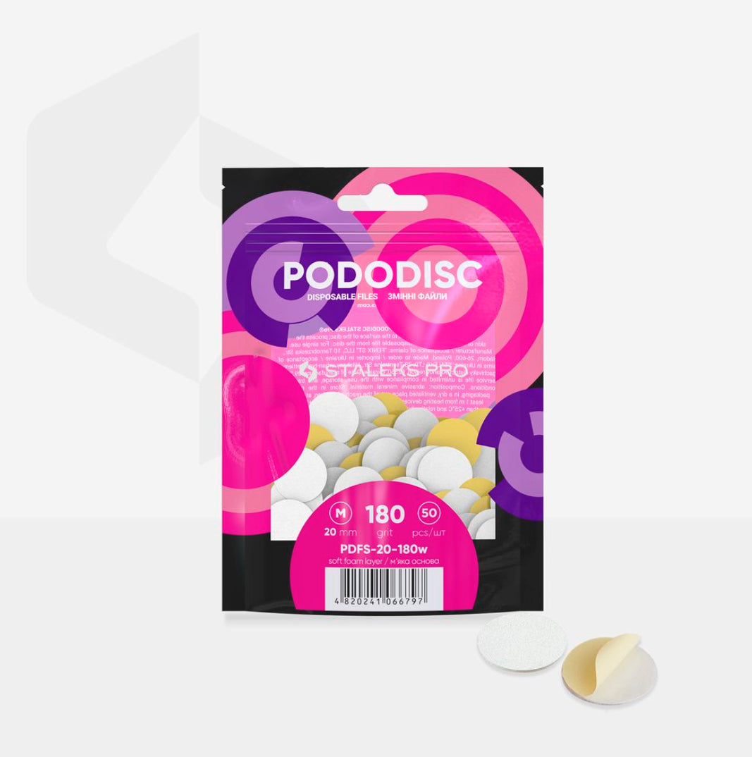 Bílé jednorázové pilníky s měkkou pěnovou vrstvou pro pedikérní disk Pododisc Staleks Pro M, 180 grit (50 ks) PDFS-20-180w