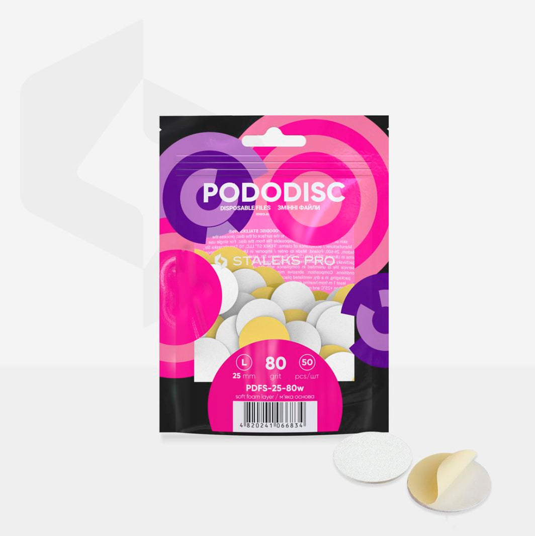 Bílé jednorázové pilníky s měkkou pěnovou vrstvou pro pedikérní disk Pododisc Staleks Pro L, 80 grit (50 ks) PDFS-25-80w