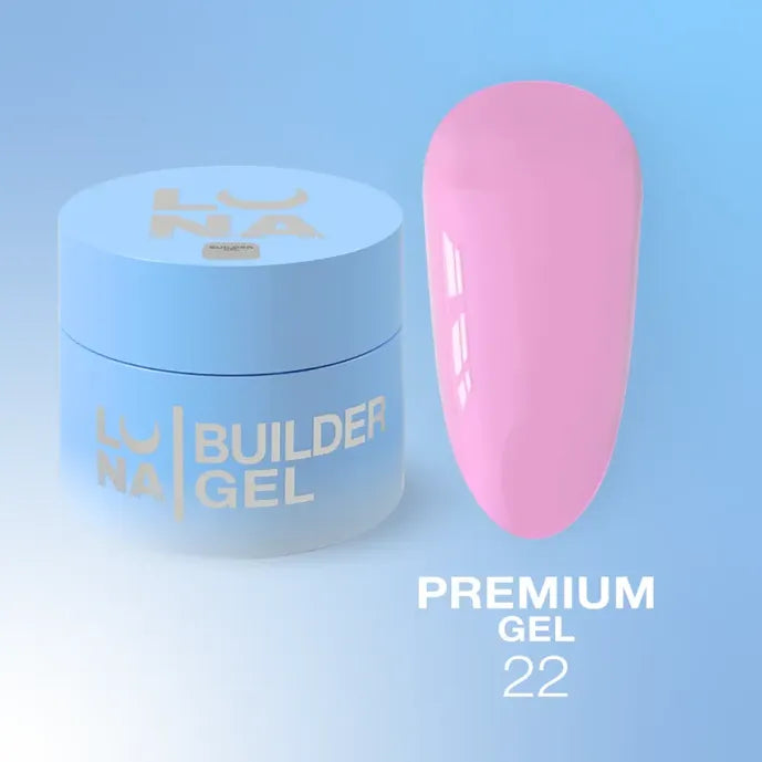Luna Builder Gel container with a pink gel nail on a light blue background