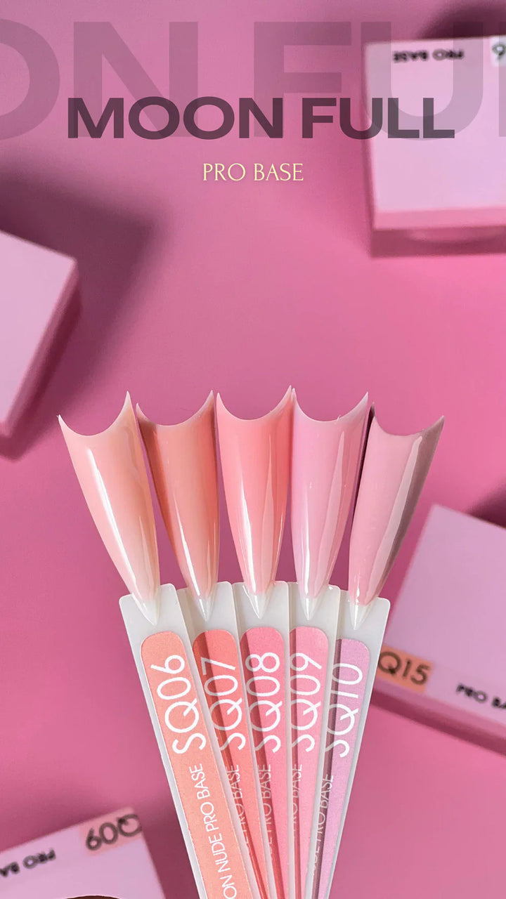 Set of cosmetic applicators with 'MOON FULL' branding on a pink background