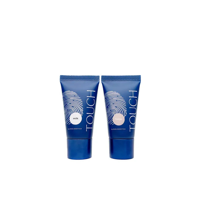Two blue tubes labeled 'Touch Polygel' on a white background