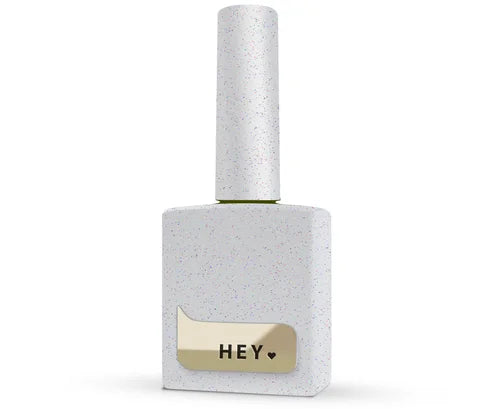 Silver bottle of gel polish HEYLOVE on white background.
