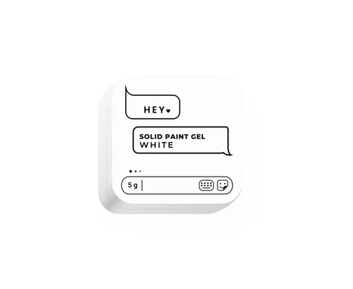 Small white container HEYLOVE labeled 'Solid Paint Gel WHITE' with text on a white background