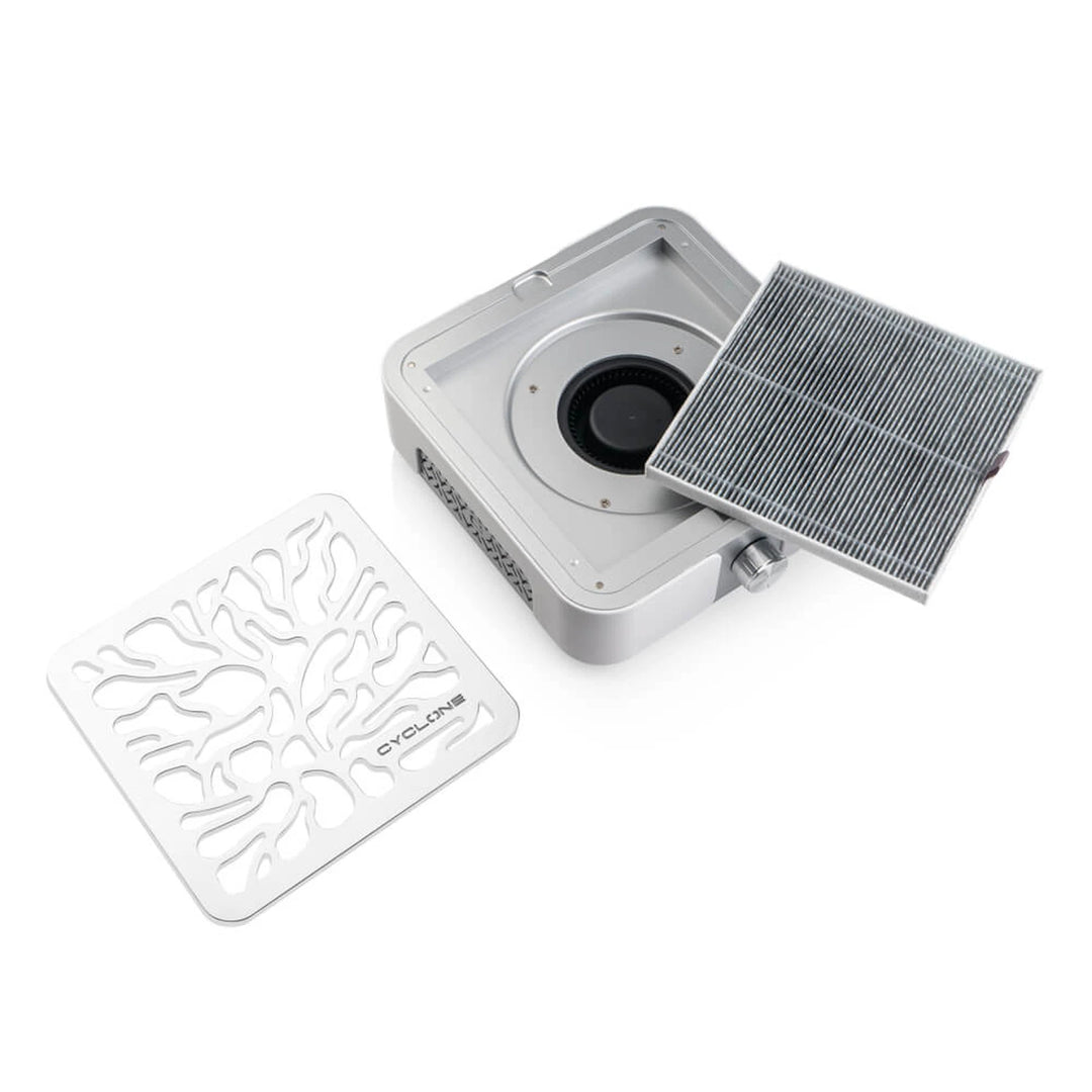 BUCOS Odsávačka prachu CYCLONE X3 SILVER s aktivním uhlím a HEPA filtrem 72W pro manikúru a pedikúru