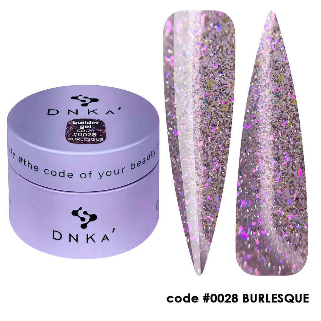 DNKa’ Stavební gel #0028 Burlesque, 30 ml, s růžovo-lila třpytkami