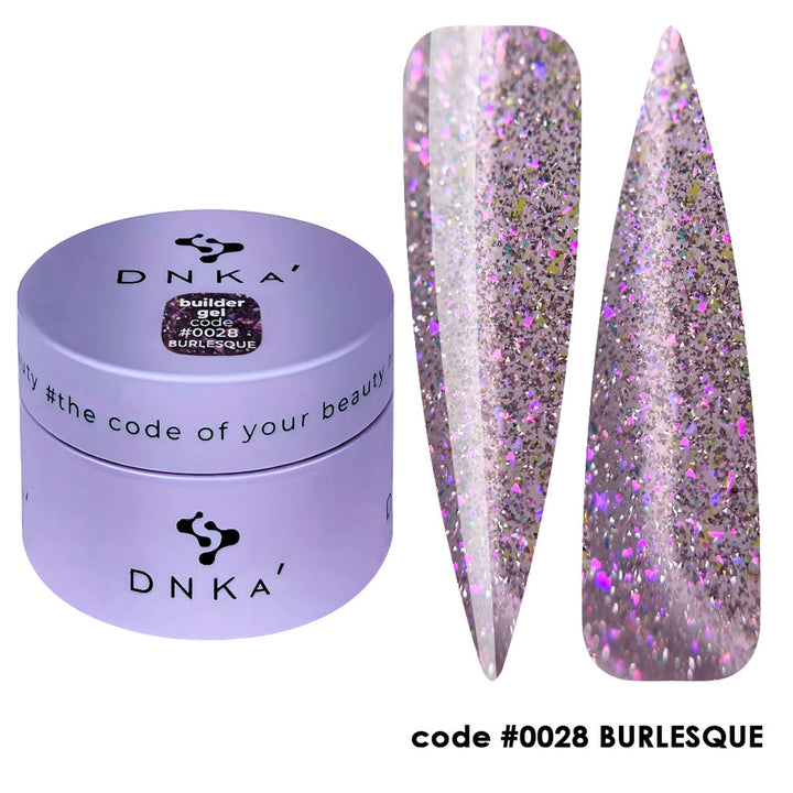 DNKa’ Stavební gel #0028 Burlesque, 30 ml, s růžovo-lila třpytkami