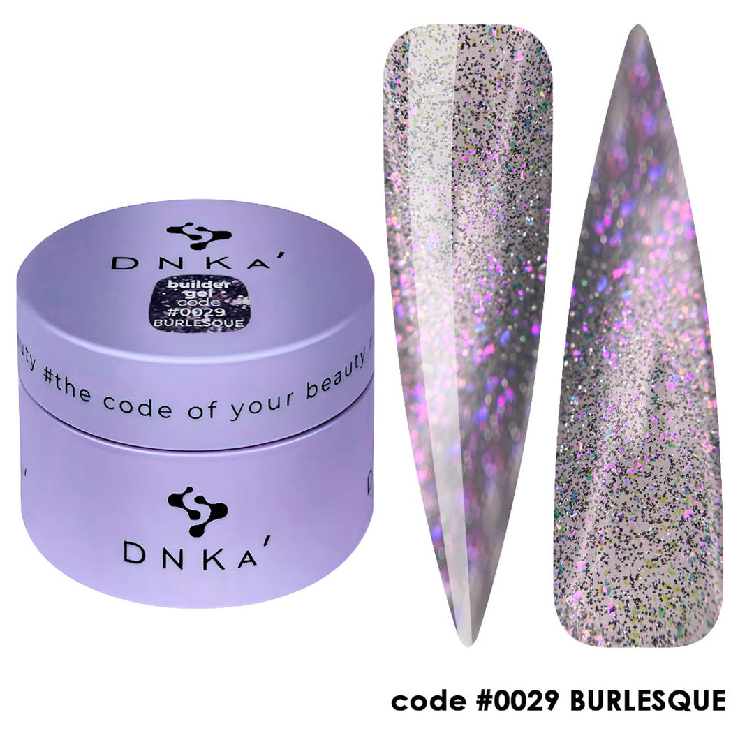 DNKa’ Stavební gel #0029 Burlesque, 30 ml, s tmavě-fialovými třpytkami