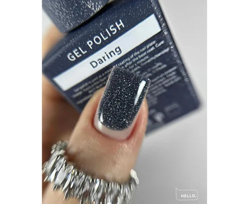 Detail of woman's nail with blue gel polish with shimmers holding blue bottle