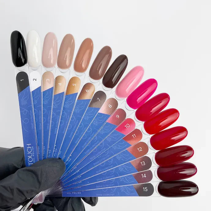 TOUCH gel polish colors samples and a hand holding it.