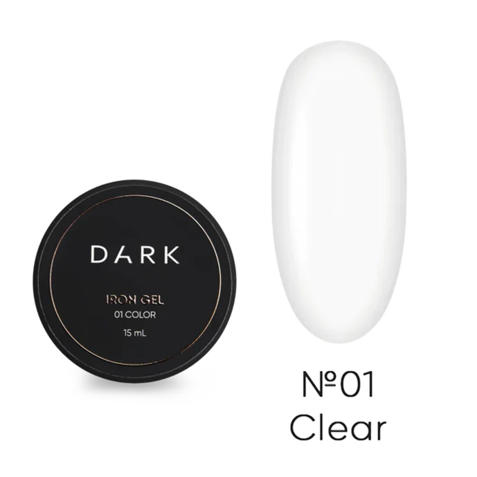 Dark Iron Gel container with a clear gel sample on a white background