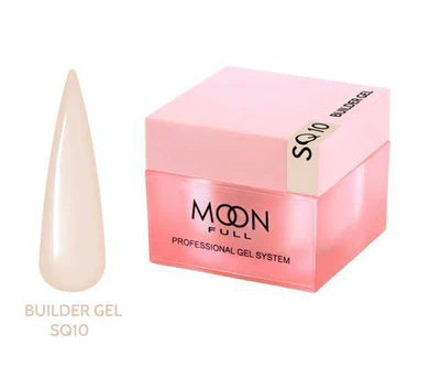 Pink jar of Moon Full Builder Gel with a white applicator on a white background