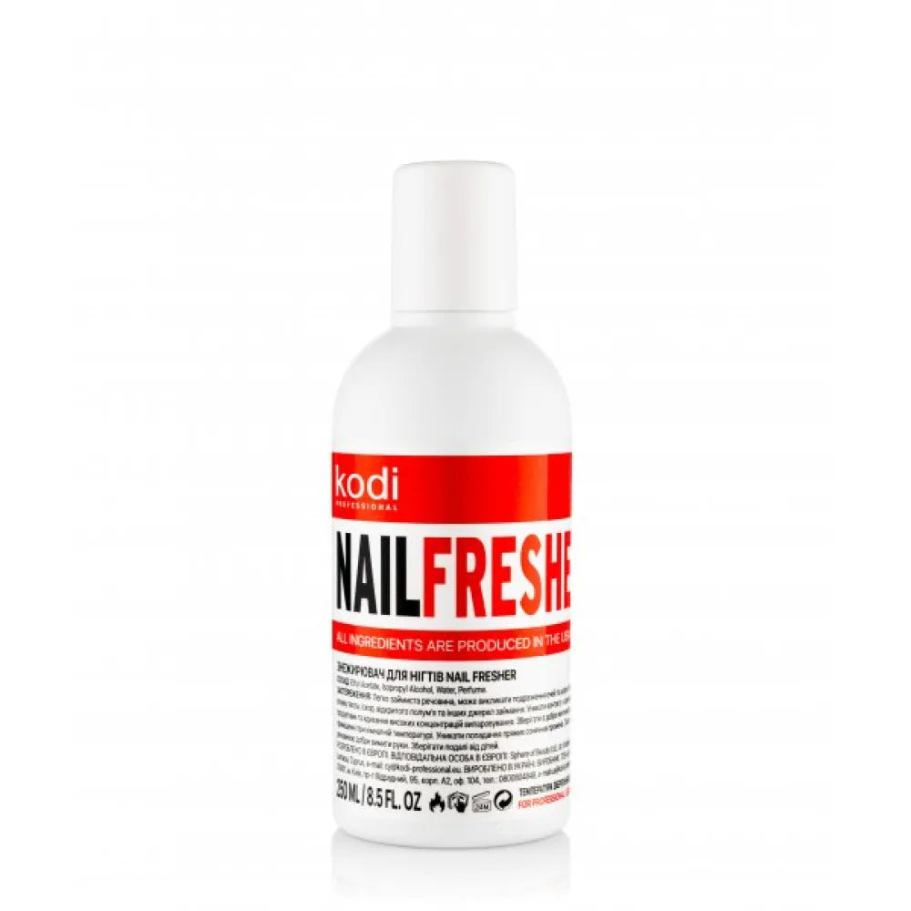 Bottle of kodi nail fresher on a white background